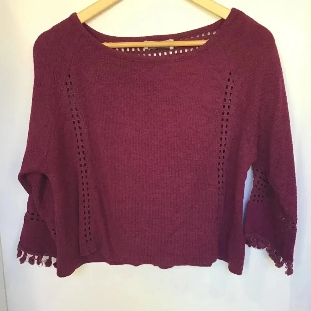 ANTHRO Saturday/Sunday Maroon Tassel Knit Top Long Sleeve Small